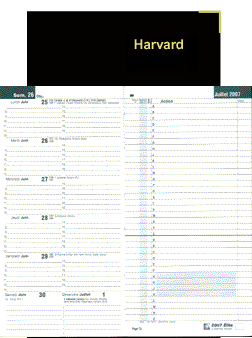 Harvard Elite English, Two pages per week, dates on the left hand page and actions on the right hand page.